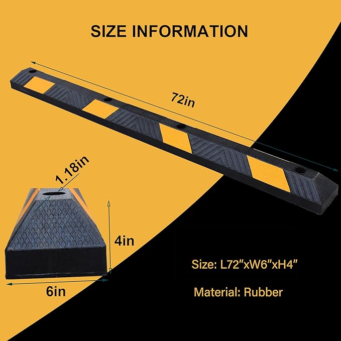 OrangeStar 72" Rubber Parking Curb, Heavy Duty Garage Floor Wheel Stopper w/Yellow Reflective Stripe for Car, Truck, Trailer, 2 Pack