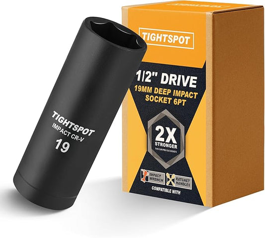 TIGHTSPOT 1/2 Inch Drive 19 mm Deep Impact Socket with Anti-Rounding 6 Point Design, Heat-Treated CRV Steel