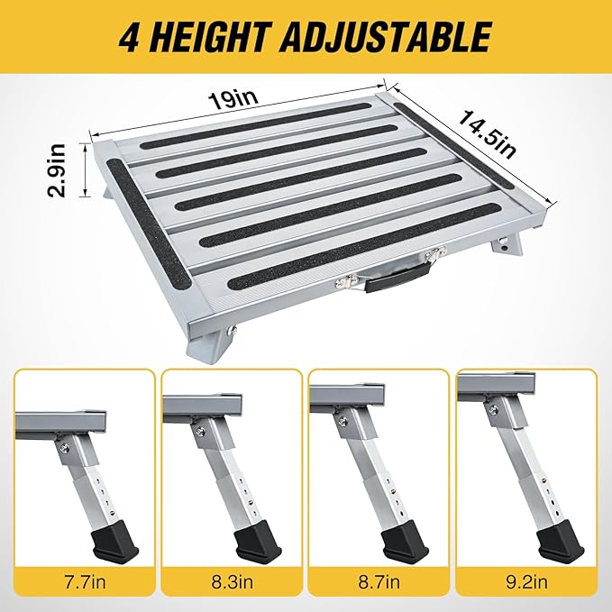 Nilight RV Step Stool Aluminum Folding Platform Steps 19x14.5 RV Steps 4 Levels Adjustable Step Stool with Anti-Slip Surface Rubber Feet Handle Supports Up to 500lbs for Camper Travel Trailer, Silver