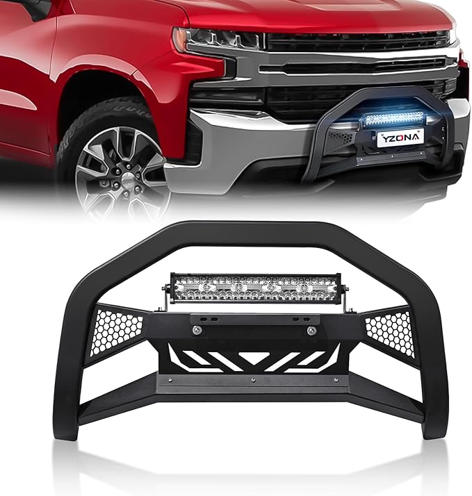 Bull Bar Brush Guard with LED Light Bar & License Plate Frame Compatible with 2019-2024 Chevy Chevrolet Silverado 1500 & GMC Sierra 1500, Front Bumper Push Bar Grill Guard Grille with Skid Plate