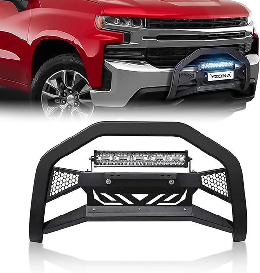 Bull Bar Brush Guard with LED Light Bar & License Plate Frame Compatible with 2019-2024 Chevy Chevrolet Silverado 1500 & GMC Sierra 1500, Front Bumper Push Bar Grill Guard Grille with Skid Plate