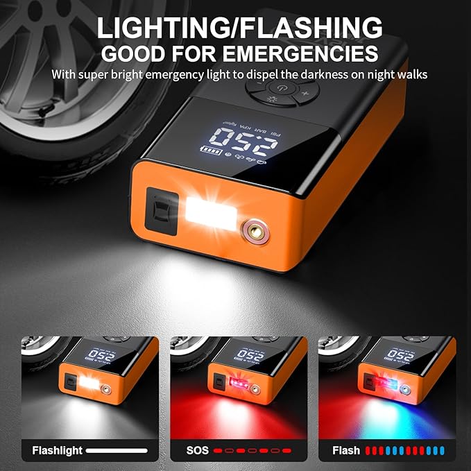 Jump Starter with Air Compressor, 8000A 180PSI, Portable Car Battery Jump Starter (All Gas/12L Diesel) 12V Automobile Jump Box Pack Chargers with Jumper Cables, 4-Mode LED Lights (Pumpkin Orange)