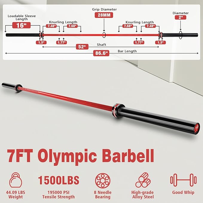 7ft Olympic Barbell – 1500LB Capacity 45LB Weightlifting Bar, 28mm Olympic Bar with Bearings, Fits 2" Plates, Alloy Steel Power Bar for Home Gym Strength Training