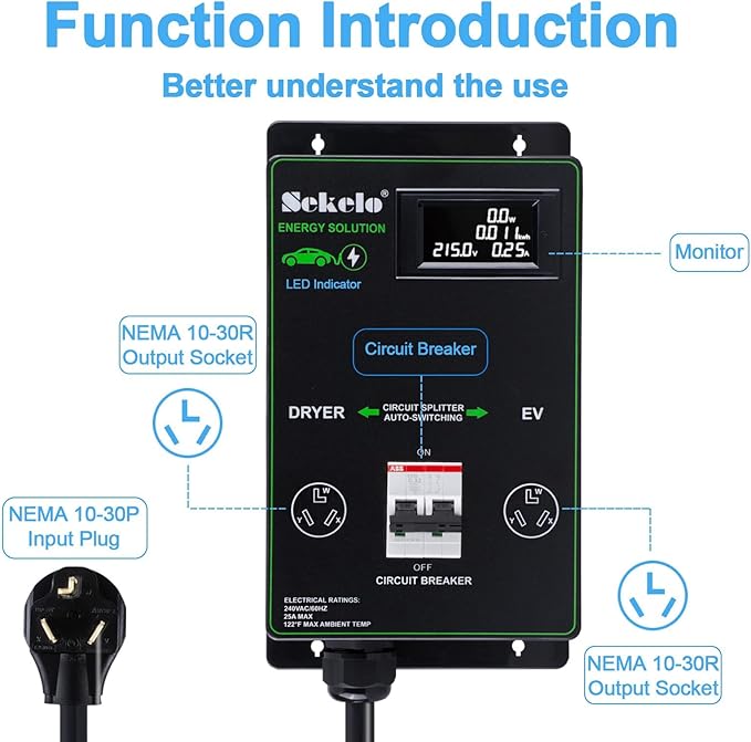 Smart EV Charging Integration: Sekelo Automatic Power Switch for Dryer & EV, NEMA 10-30, Fast Charging, Real-time Display
