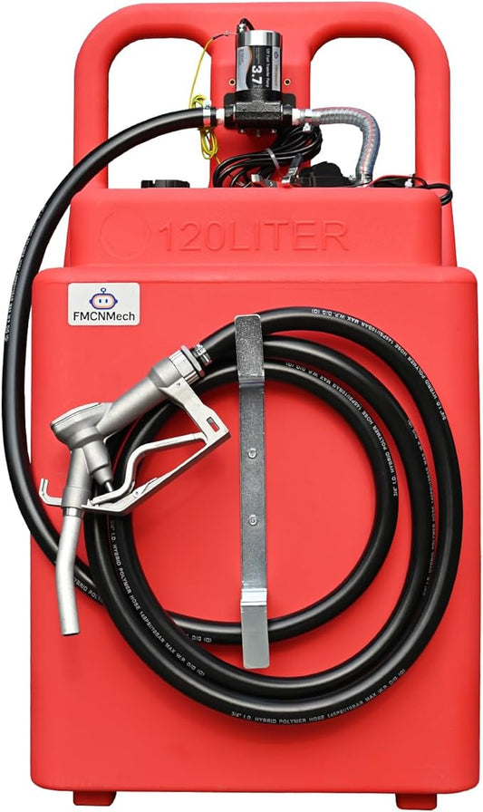 32 Gallon Portable Fuel Caddy with 12V Electric Pump, 3.7GPM Forward & Reverse Flow, HDPE Fuel Transfer Tank for Gasoline, Diesel, Kerosene – 13ft Hose, Durable Wheels for Farm, Boat, Tractor
