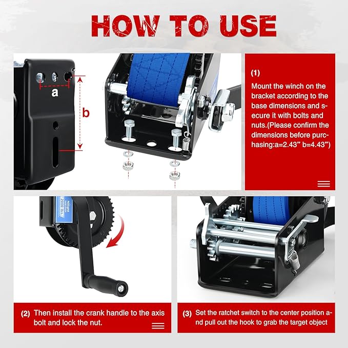 Nilight Boat Trailer Winch 3500 LBS Hand Crank Winch Heavy Duty Boat Winches with 33 FT Blue Strap Rope Hook Two Way Ratchet 4:1 8:1 Gear Portable Marine Manual Winch for Trailers Boat RV ATV Towing