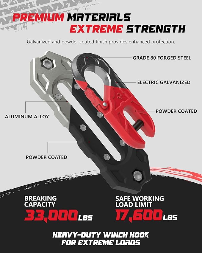 Towing Winch Fairleads with Tow Hook, Upgrade Al Hawse Fairlead with G80 Heavy Duty Forged Steel Winch Hook for Electric Winch, 33000lb Break Strength, for Synthetic Rope Recorvery, BlackRed