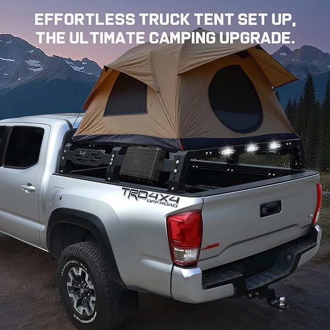 Overland Bed Rack for Full Size Truck 10.5" Bed Rack with 3 LED Lights Compatible with Ford/Dodge Ram/Toyota Tundra/Nissan Titan/Silverado(6.5FT) .Bed Rack for Roof Top Tent