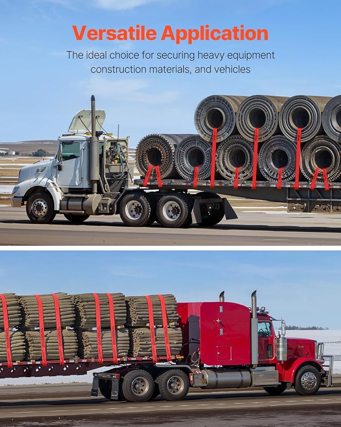 VEVOR Truck Straps, 4" x30' Heavy Duty Tie Down w/Flat Hooks 18,000lbs Break Strength, WLL# 6000lbs, Cargo Straps tie Down for Flatbeds, Trucks, Trailers, Farms, Rescues, Tree Saver, Red(10 Pack)