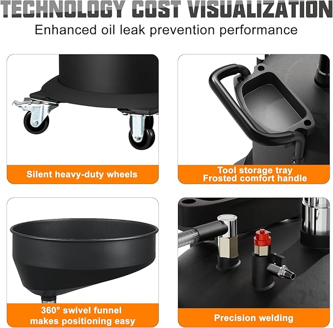 18.5 Gallon Industrial Fluid Drain Tank, Oil Drain Extractor, Portable Pneumatic Waste Oil Drain with Wheels, Adjustable Funnel Height