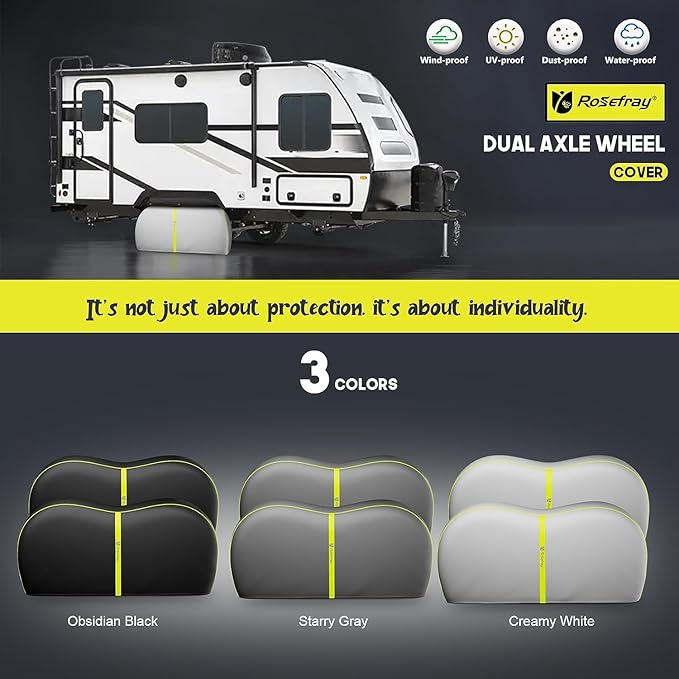 Rosefray RV Tire Covers, Dual Axle Wheel Cover (2 Pack) Fits 27"-30"/30”-33” Diameter Tires, Waterproof Anti-UV Black Dual Tire Covers RV Accessories for Truck/Trailer/Creamy White