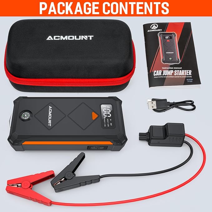 Acmount P110 Car Jump Starter, 5000A Peak Lithium Jump Starter Battery Pack for Up to 10.0L Gas or 8.0L Diesel Engine, Safe 12V Portable Battery Starter Power Pack with LED Screen & LED Light - Orange