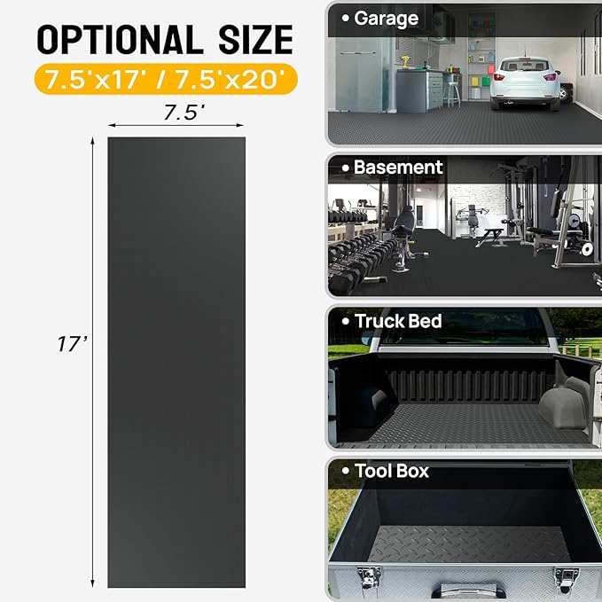 TUFFIOM 7.5 x 17 FT Garage Floor Mat, Thickened Diamond Plate PVC Garage Mats Flooring Roll for Under Car, Garage Car Parking Mats for Compact SUVS, Sports Car