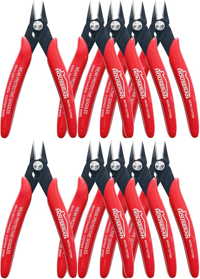 170 Wire Cutters, 10 PACK, 5 Inch Micro Flush Cutter, HOUSERAN Small Wire Cutters Spring Loaded Cutting Pliers, Side Cutters, Diagoanl Cutters for Jewelry Making, Models, Zip Ties Plastic Wire Snips
