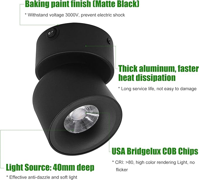 2 Pack 12V LED COB Ceiling Spotlight Downlight with Switch, Surface Mounted 330 Adjustable Dimmable RV Wall Light Accent Lamp, 12 Volt Reading Lamp for Boat, Camper, Truck, Trailer, Caravan