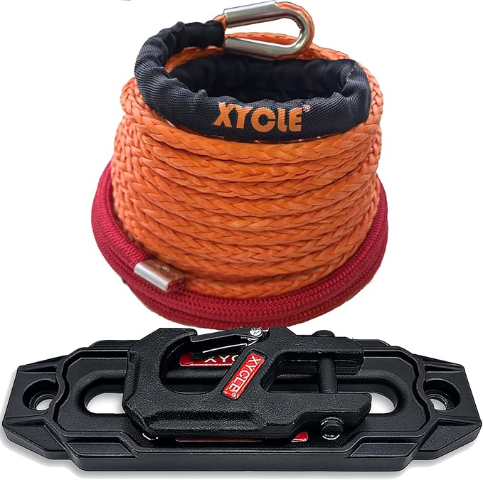 10" (254mm) Synthetic Rope Towing Winch Aluminum Cable Guide&Foldable Forged Trailer winches Hook kit, 3/8" x 90 Foot Synthetic Winch Cable Suitable for 8000-15000 LBs Electric Winch（Orange）
