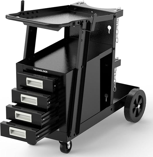 YESWELDER Welding Cart with 4 Drawers for MIG Welder TIG Welder and Plasma Cutter, Heavy Duty Large Storage 360° Rolling Welding Trolley