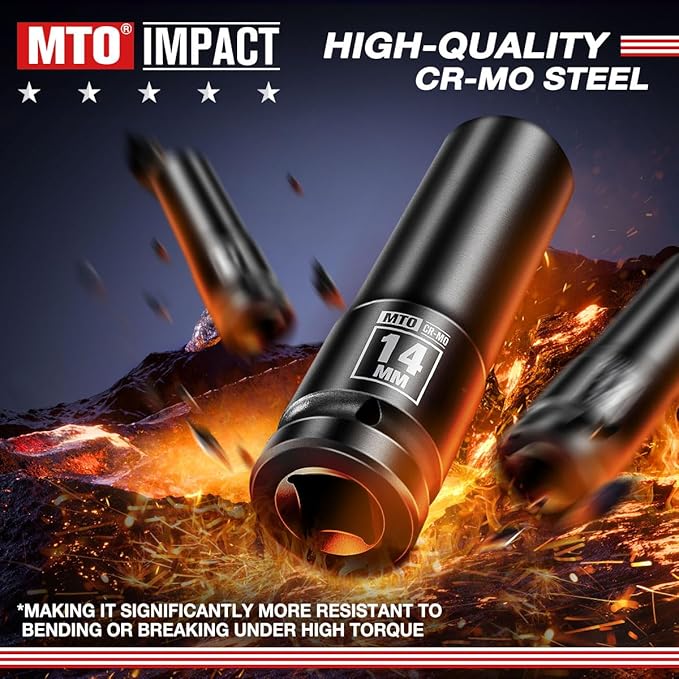 MTO 1/2" Drive 14mm Deep Impact Socket, 6 Pt. Metric Socket, CR-MO Steel & Anti-Corrosion Coating for Heavy-Duty Use