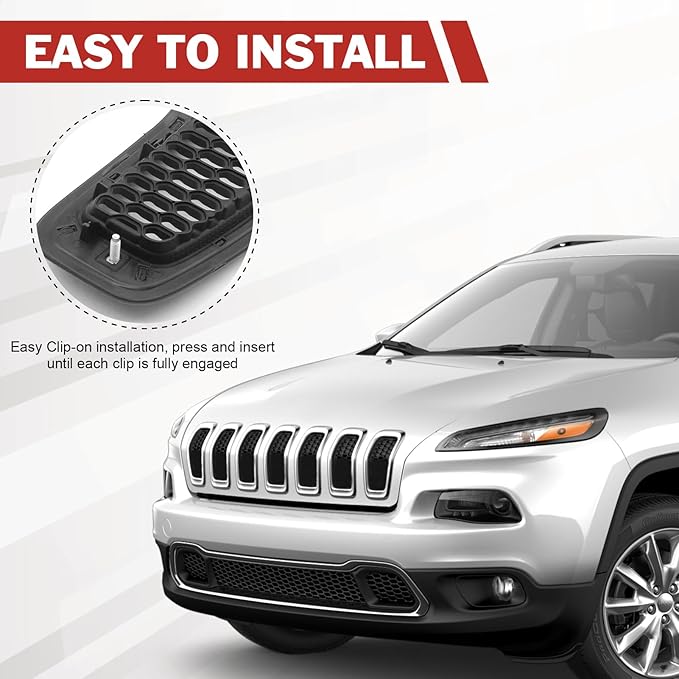 JINCHEN 7pcs Grill Mesh Inserts Fit for Jeep Cherokee 2014-2018, Honeycomb Mesh Front Grill Inserts Grille Cover Frame Trims (Chrome Trim)