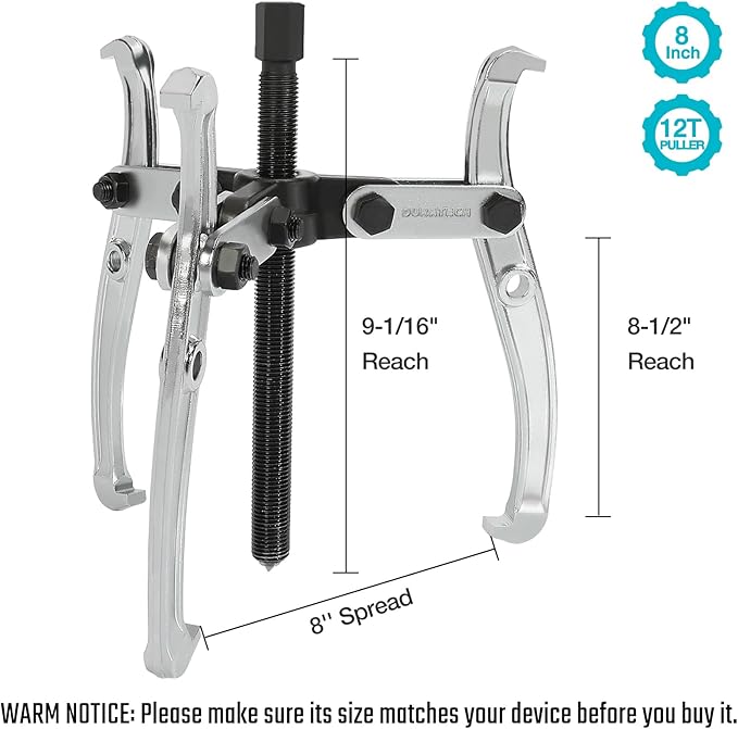 DURATECH 8-Inch 3-Jaw Gear Puller, Removal Tool for Gears, Pulleys, Bearings and Flywheels, Assembly Required, CR-V Steel