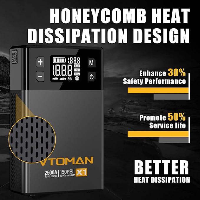 VTOMAN X1 Jump Starter with Air Compressor, Car Battery Jumper Starter (2500A, Up to 8.5L Gas/6L Diesel Engine) with 150PSI Auto Tire Inflator, 12V Portable Booster Pack, Lithium Jump Box Charger-Gray