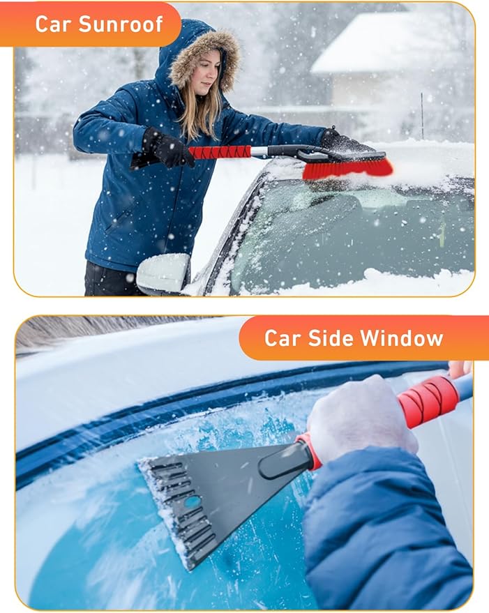 EcoNour 27" Car Snow Brush and Ice Scrapers for Car Windshield (Red- 2 Pack) | Scratch Free Bristle Head Snow Brush & Tough Window Snow Scraper with Aluminium Body