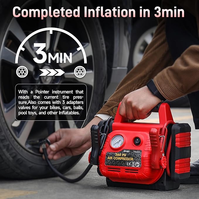 Car Battery Jump Starter with Air Compressor 1000Amp Portable Jump Starter(Satisfy 5L Gas/Diesel),12V Car Battery Charger with 260PSI Tire Inflator, Jumper Cable with USB/DC Port