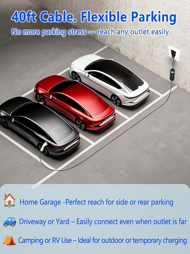 40Ft Cord EV Charger, 16Amp 110V/240V Portable Level 1 Level 2 Electric Vehicle Charging Station with NEMA 6-20 Plug & NEMA 5-15 Adapter for J1772 Electric Cars