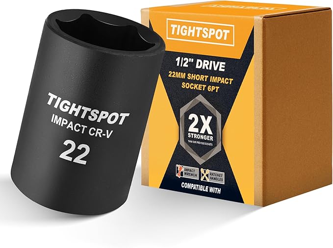 TIGHTSPOT 1/2 Inch Drive 22mm Shallow Impact Socket with Anti-Rounding 6 Point Design, Heat-Treated CRV Steel