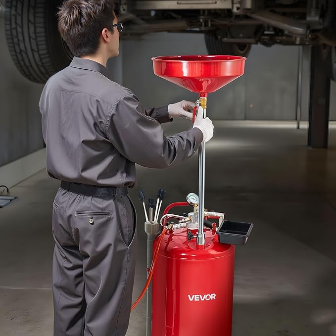 VEVOR 21 Gallon Waste Oil Drain Tank, Air Operated Portable Oil Drainer with Adjustable Funnel Height, Industrial Fluid Drain Tank with Wheels, Fluid Fuel Transfer Drainage for Auto Repair Shops, Red
