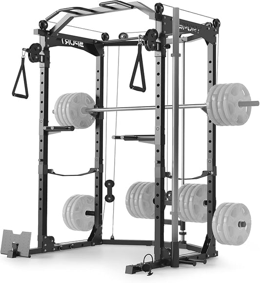 Power Cage, Multi-Functional Power Racks for Home Gym with Cable System, 1600LBS Weight Capacity Fitness Reality Squat Rack for Strength Workout with More Training Attachment,Black