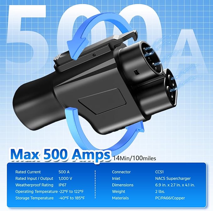 Tesla Fast Supercharger Adapter, NACS to CCS1 Charging Adapter, Max 500A 1000V for Ford, Rivian, GM,Volvo, Polestar, Electric Vehicle, Compatible with V3 V4 Tesla Station