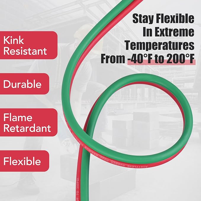 Oxygen Acetylene Twin Welding Hose 1/4" × 50FT - 300 PSI Red & Green Torch Hose with 9/16"-18 B Fittings Grade R for Gas Welding Cutting & Brazing