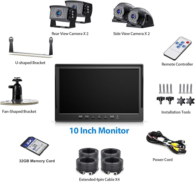 10 Inch HD Wired Backup Camera System Kit with Monitor, Loop Recording, 2-Rear Camera+2-Side Camera, IR Night Vision Waterproof Camera with Parking Lines for Bus, Truck, Trailer, RV, BY104A