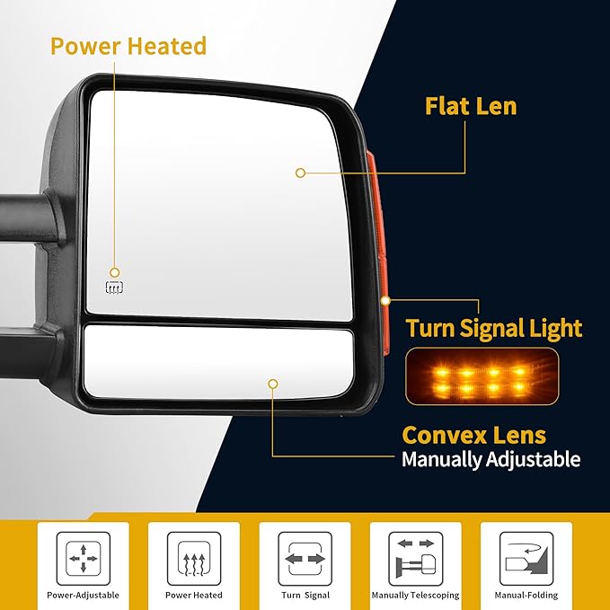 DWVO Towing Mirrors Compatible with Toyota Tundra 2007-2017, Power Heated Side Mirrors with Turn Signal, Manual Extending and Folding, Pair Replacement Tow Mirrors Set