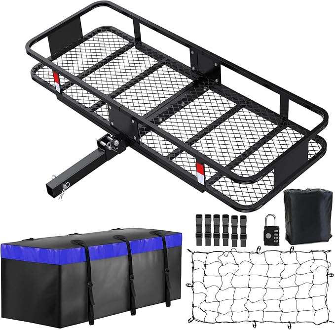 FORWODE 500 LBS Hitch Mount Cargo Carrier Basket, 60"x20"x6" Folding Hitch Cargo Carrier Rack + Waterproof Cargo Bag 16 Cubic Feet(58"x19"x24") and Cargo Net
