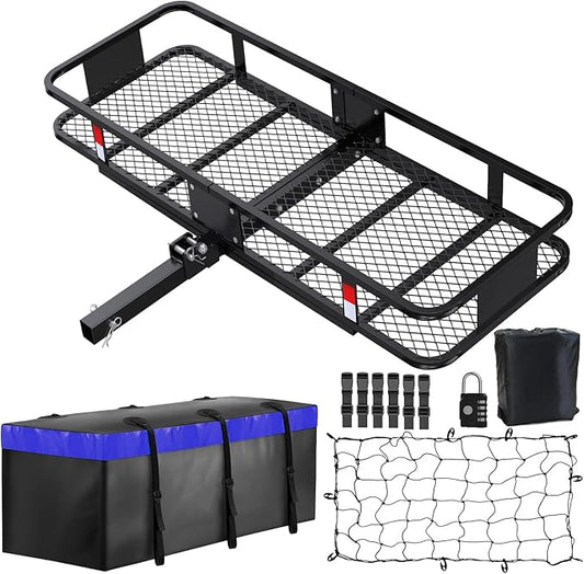FORWODE 60x20x6 Hitch Carrier for 2 Inch Receiver, 500LB Capacity Hitch Mount Rack with Folding Cargo Basket, Rust-Resistant Coat, Includes Cargo Bag, Cargo Net