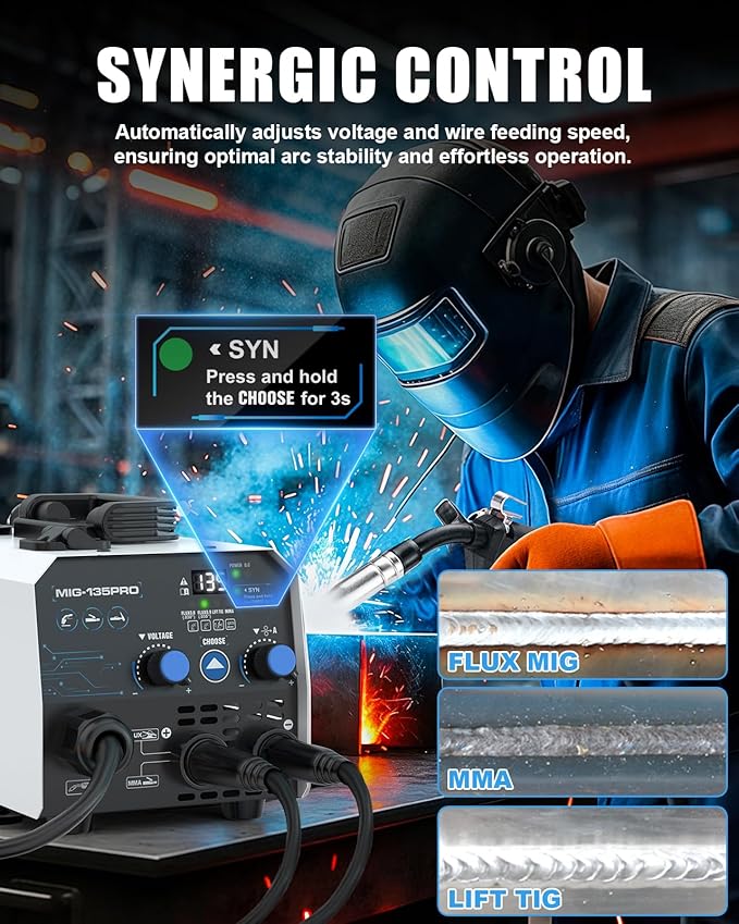 AZZUNO 135A MIG Welder 110v, 3 in 1 MIG Welder Machine Flux Core Welder/Lift TIG/Stick Welding Machine, Portable Wire Feed Welder, Gasless Welding Machine