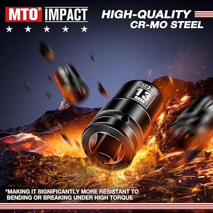 MTO 1/2" Drive 13mm Shallow Impact Socket, 6-Point Metric Socket, CR-MO Steel & Anti-Corrosion Coating for Tight Spaces and Heavy-Duty Tasks