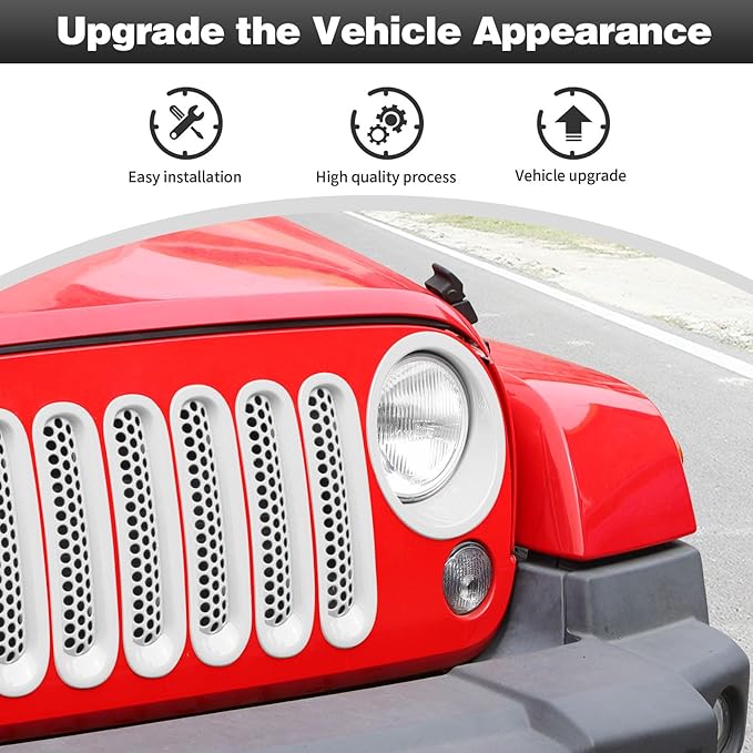 CheroCar for JK Mesh Grille Grill Insert & Headlight Cover Trim Exterior Accessories for Jeep Wrangler JK 2007-2017,White…