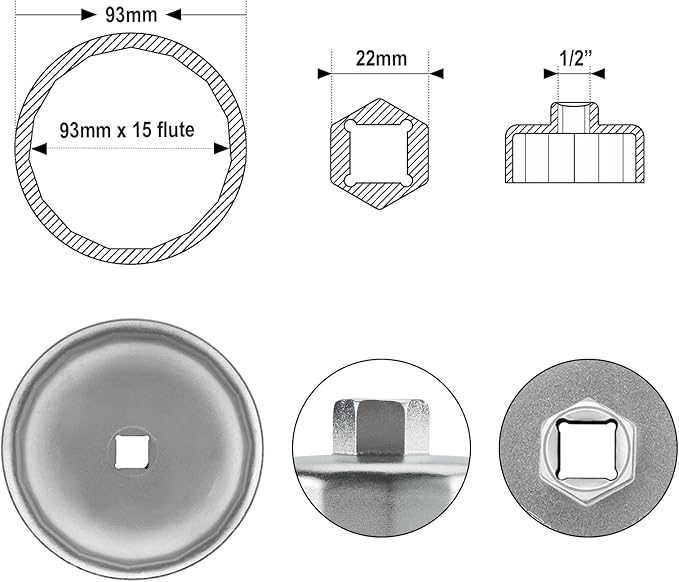 Jetech Oil Filter Cap Wrench 93mm x 15 Flute, Cartridge Type Socket Removal Tool with 15 Flutes and 93mm Inner Diameter compatible