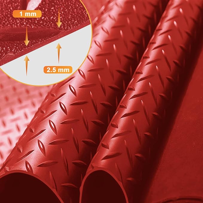 Boshen 5x7.5FT Garage Floor Mat, 2.5mm Thickened Diamond Plate PVC Rubber & Vinyl Flooring Roll, 37.5 SQFT Non-Slip Rubber Garage Mat for Floor Under Car Protection - Red