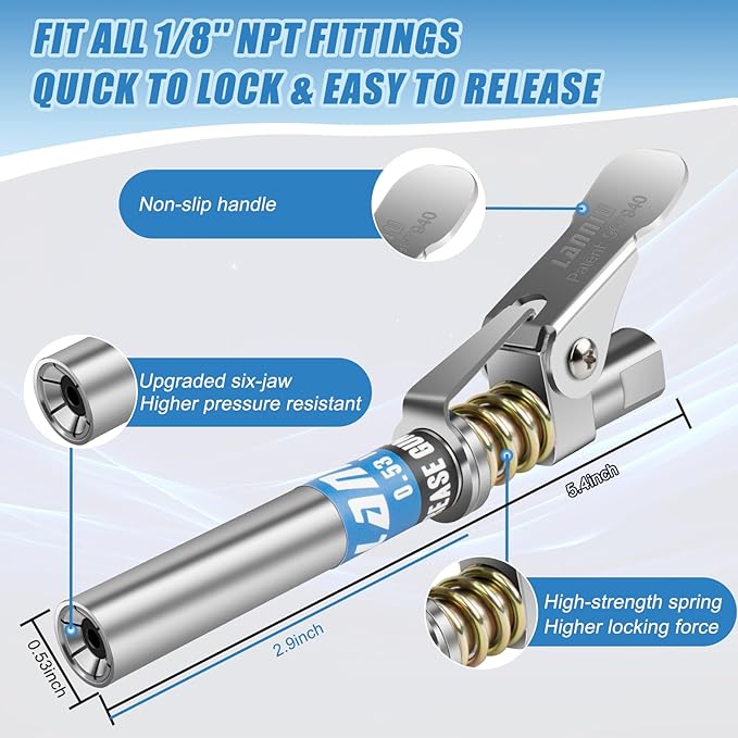 Grease Gun Coupler, Strong Lock & Extra Reach Grease Coupler, Heavy Duty 12000 PSI Quick Release Grease Gun Tips, Compatible with All Grease Guns 1/8" NPT Fittings