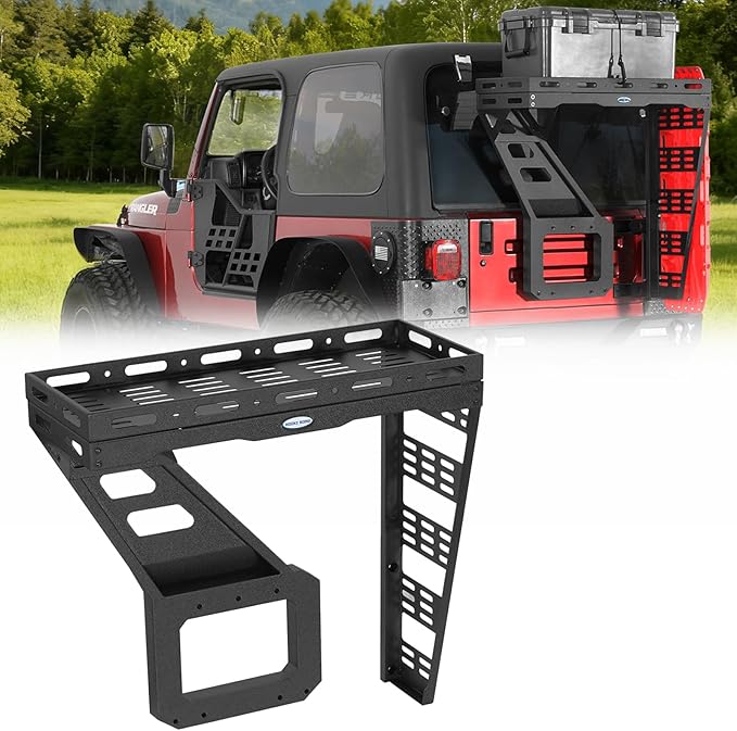 Hooke Road Tailgate Storage Basket Spare Tire Cargo Rack for 1997-2006 Jeep Wrangler TJ, Steel Luggage Carrier Tray with Reinforced Tailgate Hinge for Overlanding Camping Accessories