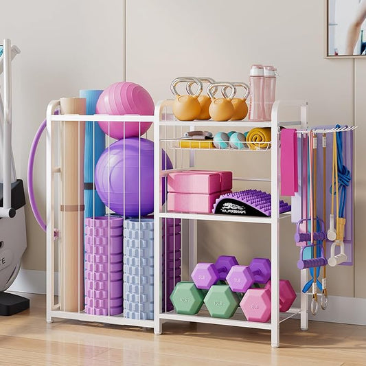Home Gym Storage Rack - Exercise Equipment Storage Organizer for Yoga Mat Dumbbells Kettlebells Foam Roller & Resistance Bands, Ideal Yoga Mat Holder & Workout Equipment Organizer(White)