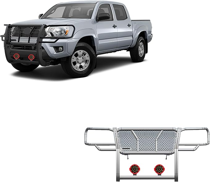 Black Horse Rugged Heavy Duty Grille Brush Bumper Guard Modular Black Come with Pair of 7.0" Dia.LED Lights with Red Trim Rings Compatible with 2005-2015 Toyota Tacoma-RU-TOTA05-B-PLR