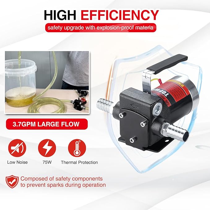 TOPWAY 12V DC Gasoline Fuel Pump 3.7GPM Self-priming Oil Transfer Pump With Handle, Reversible Pumping, Overheat Protection, Explosion-Proof, Built-in Bypass, for Gasoline Fuel Diesel Kerosene Removal