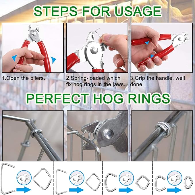 480Pcs 3/4" 1/2" 3/8" 1" Galvanized Hog Rings with Straight Hog Ring Pliers Assortment, Professional Upholstery Hog Rings Installation Kit for Bungee Shock, Cords, Animal Pet Cages, Bagging