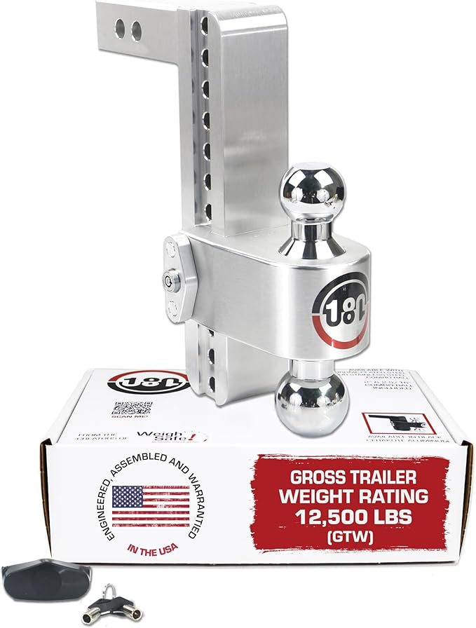 Weigh Safe 180-Degree Trailer Hitch - Adjustable Trailer Hitch for Towing - Compatible with 2" Receivers - 10" Drop, Chrome-Plated Tow Balls, 12,500 GTW, 1-Piece Lock Set