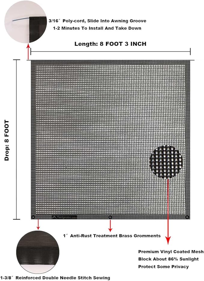 Tentproinc RV Awning Sun Shade Screen Sunshade 8' X 8' 3'' (Fit for 9' Awning)- Mesh Sunscreen Motorhome Camper Trailer Awning Shade Screen UV Blocker Completed Kits - 3 Year Warranty (Black)